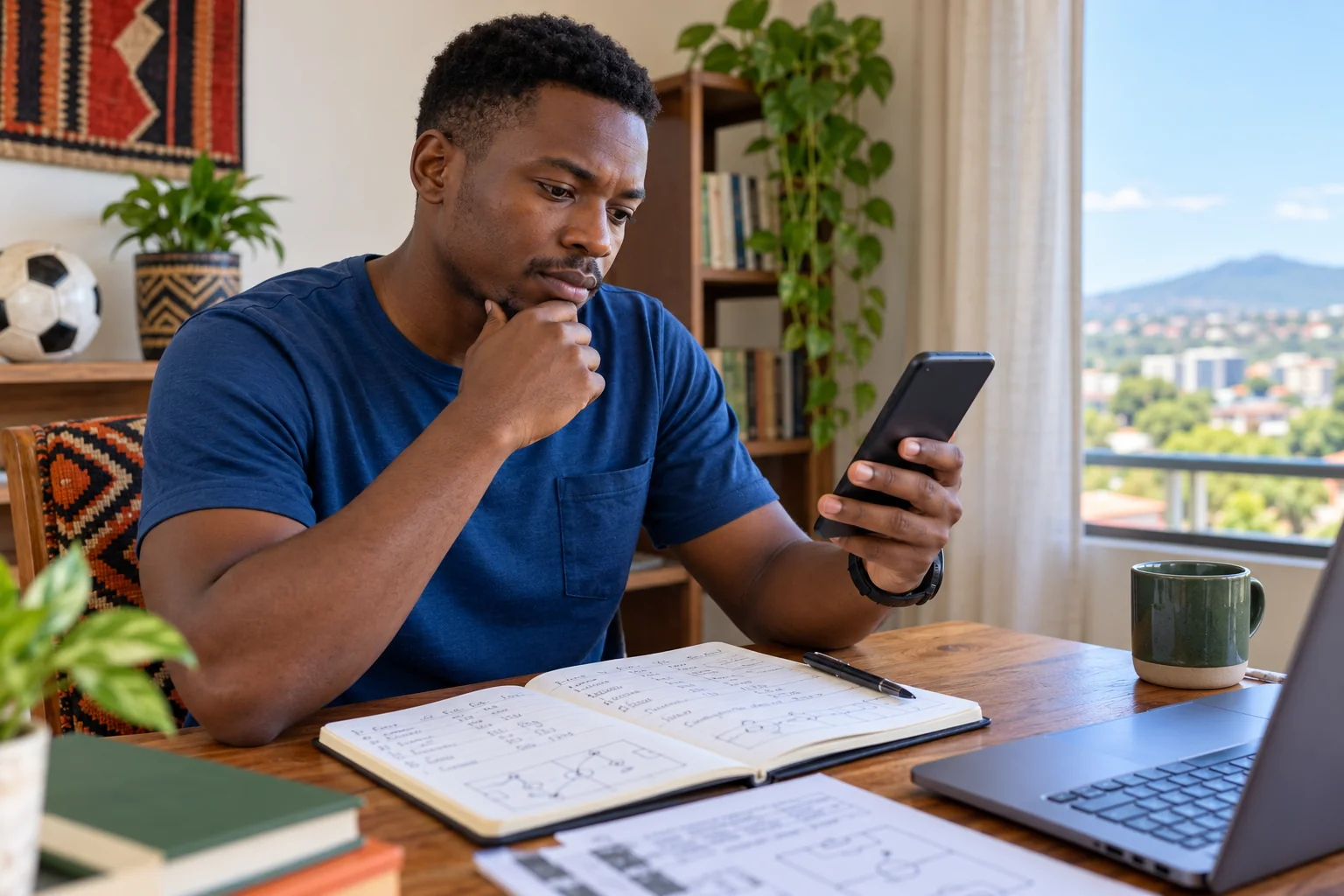 Adult Malawian user independently reviewing a mobile sports platform in Lilongwe