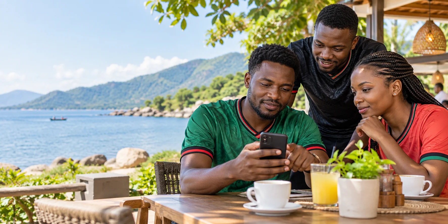 Adult Malawian supporters discussing live football information beside Lake Malawi