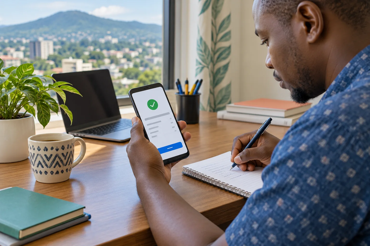 Adult Malawian customer checking a mobile-money confirmation and recording its reference in Blantyre